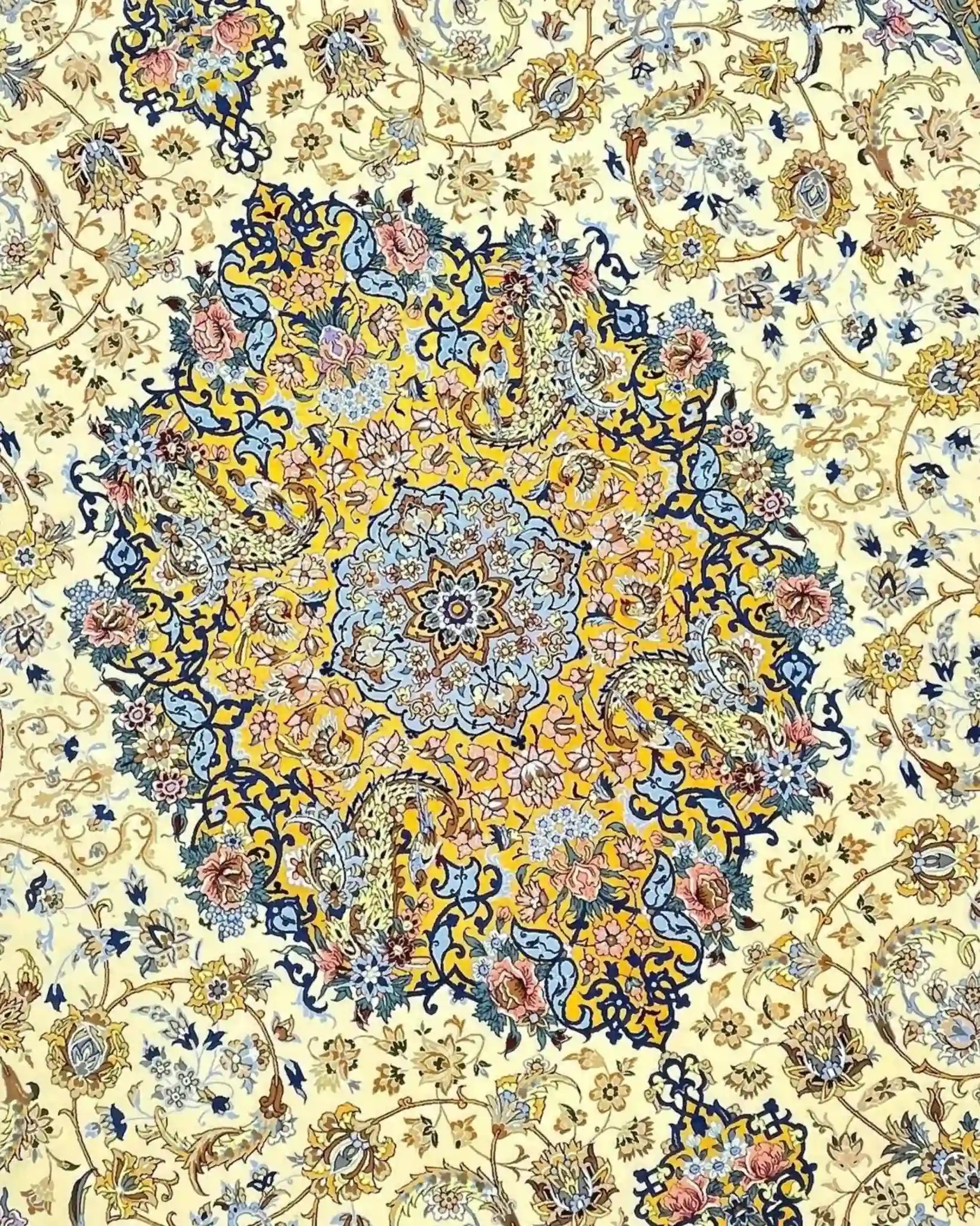 "Persian rug from Isfahan featuring a light and colorful design, hand-knotted with silk and wool."